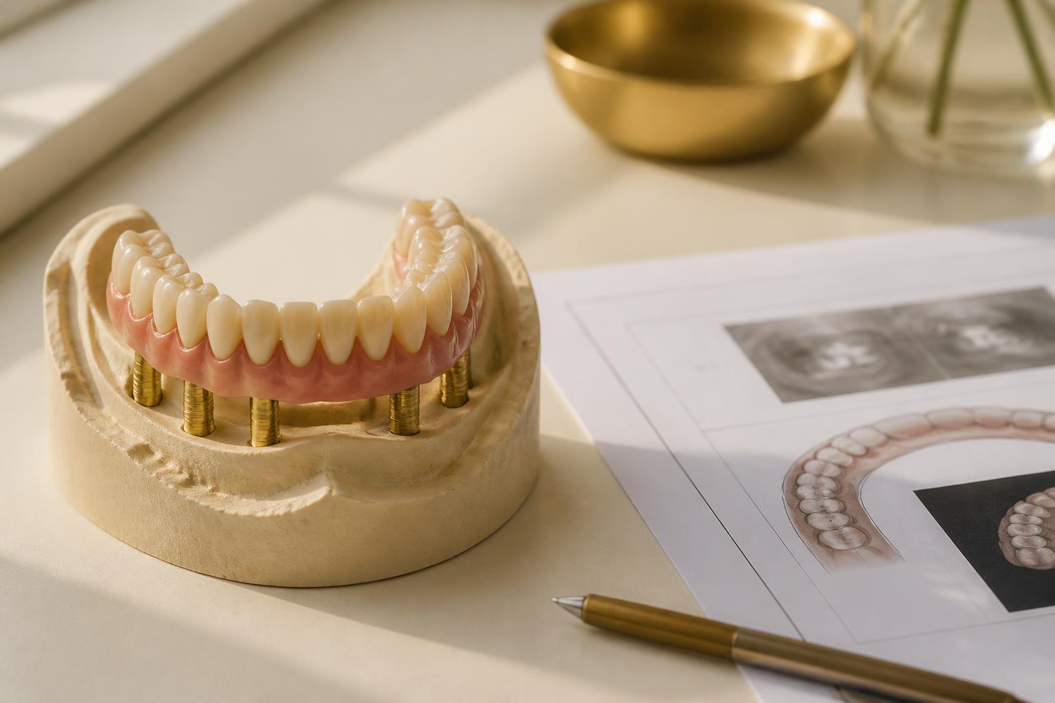 Modelo de arcada com prótese total fixa sobre implantes e plano de tratamento impresso